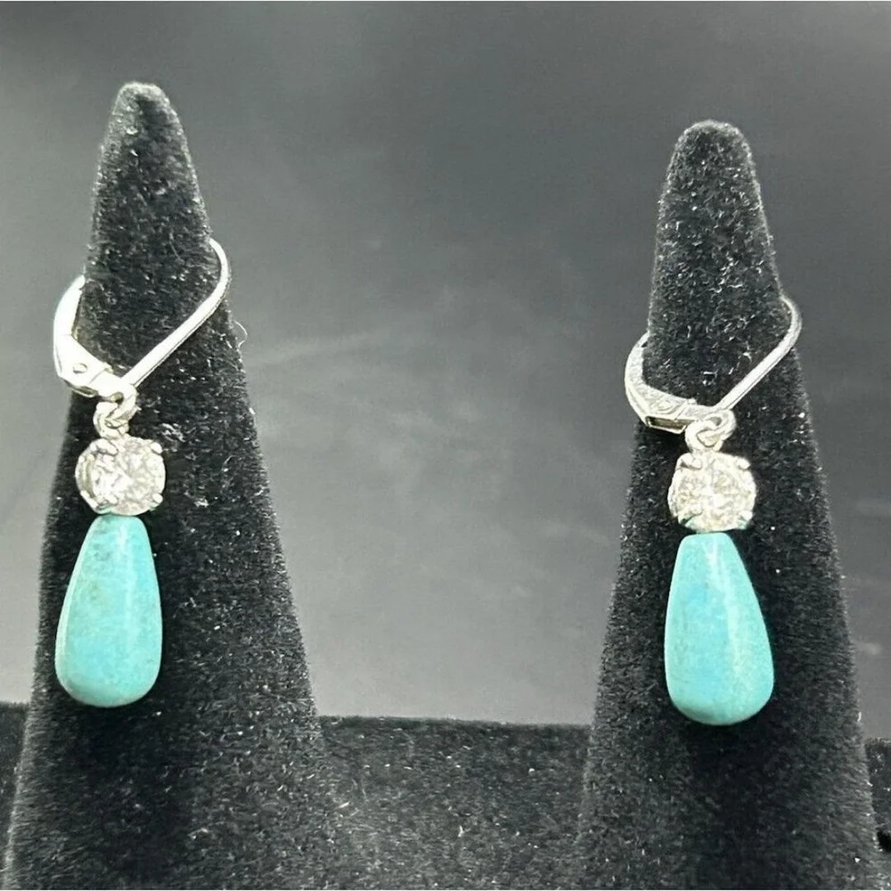 Turquois 925 Sterling Silver CZ Dangle Drop Earrings 2.15 Grams